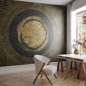 Fototapete Standard Eco - Goldener Kreis und Strahlen auf schwarzem Hintergrund - 100x70cm - Glamour-Komposition - Moderne Wanddekoration für Wohnzimmer und Schlafzimmer ARTTOR