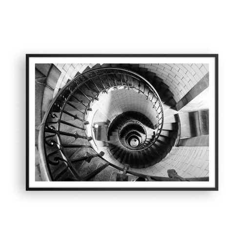 Poster in einem schwarzem Rahmen - Schwarz-Weiß-Fotografie einer Wendeltreppe aus der Vogelperspektive - 100x70cm - Höher und höher - Moderne Wanddekoration für Wohnzimmer und Schlafzimmer ARTTOR