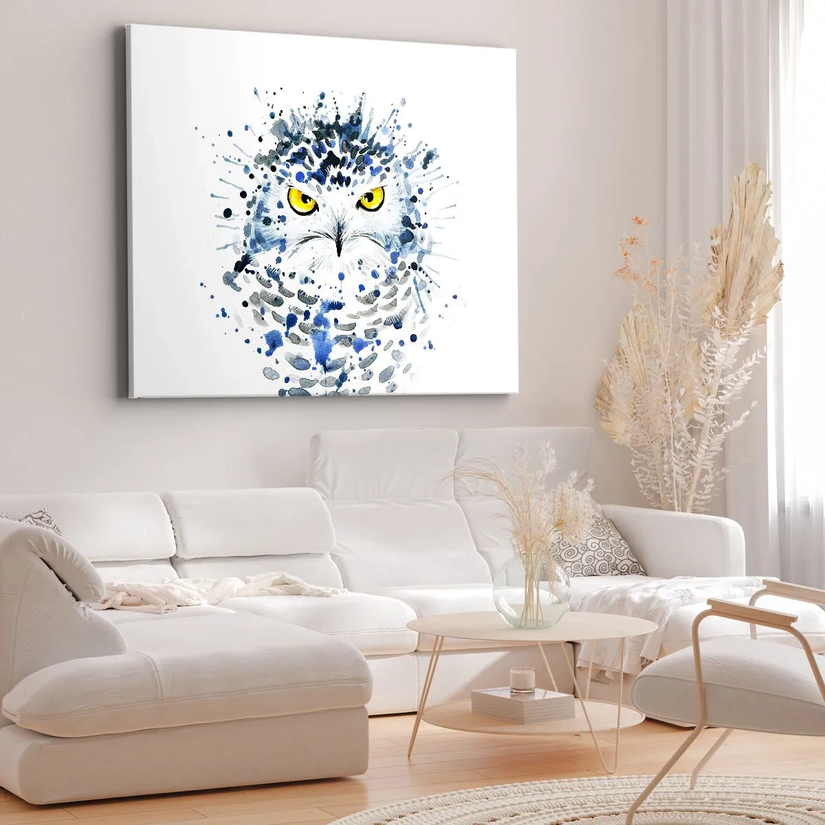 Bild auf Leinwand - Leinwandbild - Abstraktes Porträt einer Eule in blauen und gelben Farben - 120x80cm - Direkt in die Augen - Moderne Wanddekoration für Wohnzimmer und Schlafzimmer ARTTOR