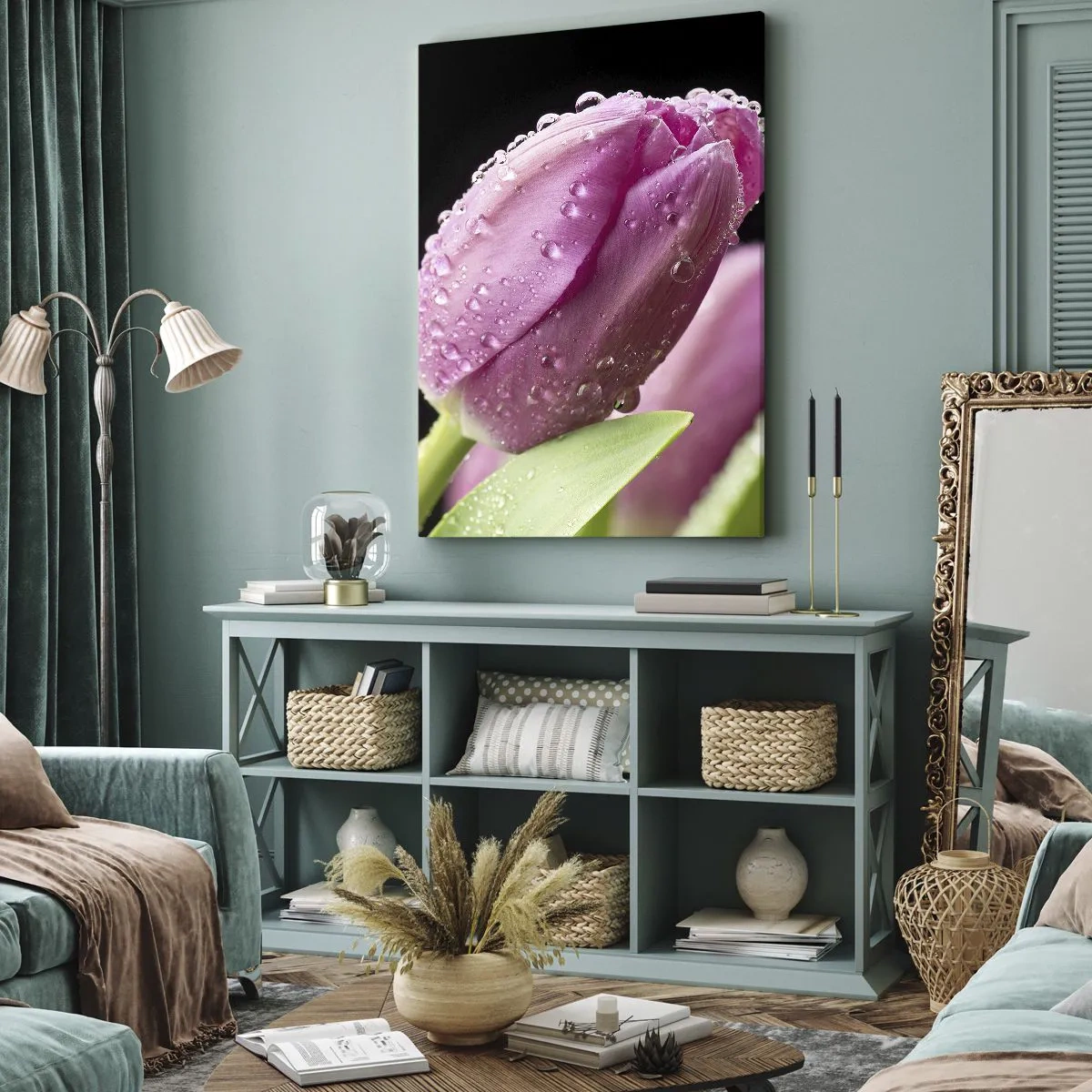 Bild auf Leinwand - Leinwandbild - Lila Traum im Tau - 65x120 cm