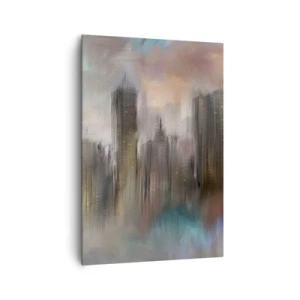 Bild auf Leinwand - Leinwandbild - Eine künstlerische Vision einer Stadtlandschaft mit Wolkenkratzern in Pastellfarben. - 70x100cm - Eine Komposition aus Stahl, Stein und Nebel - Moderne Wanddekoration für Wohnzimmer und Schlafzimmer ARTTOR