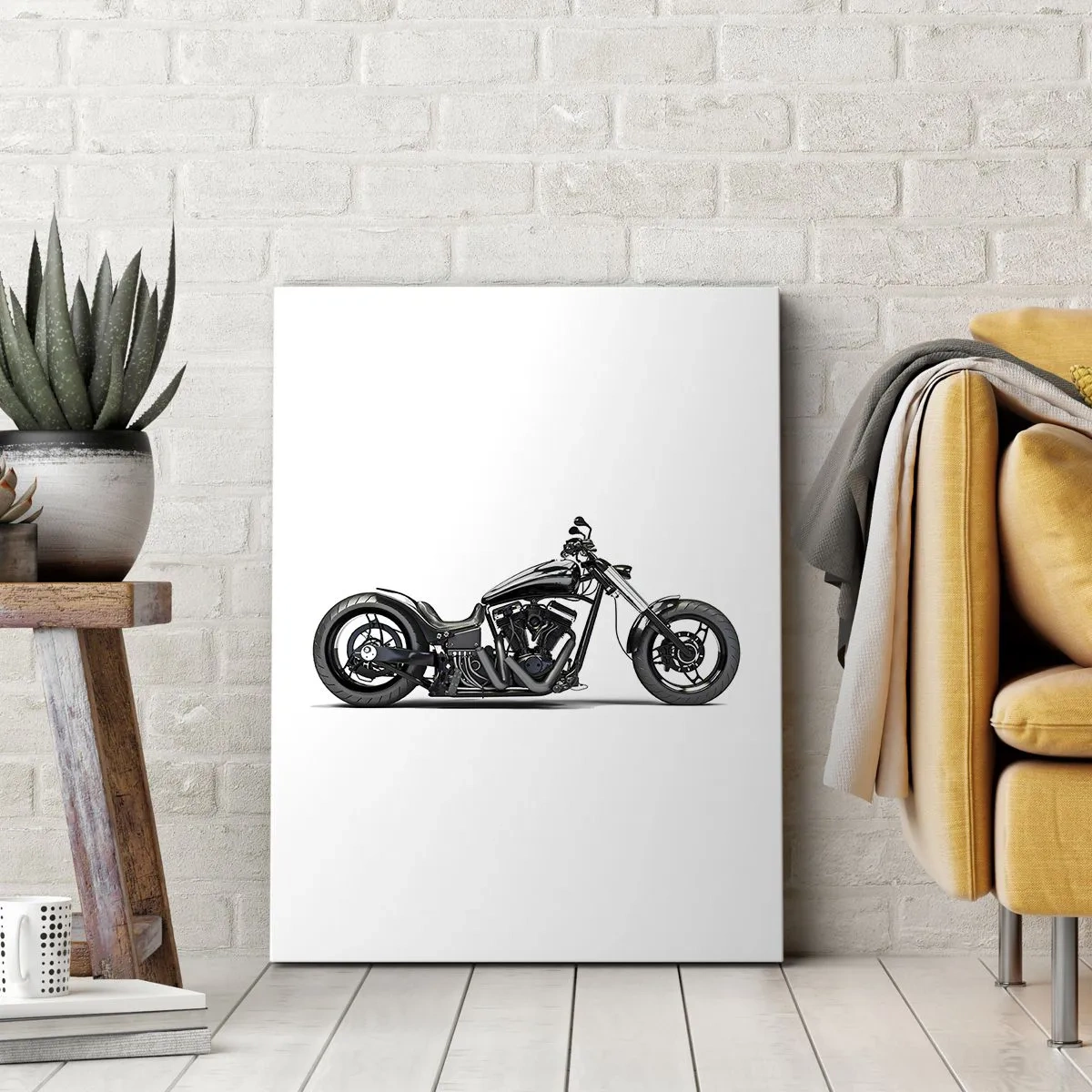 Bild auf Leinwand - Leinwandbild - Stilvolles schwarzes Custom-Motorrad auf weißem Hintergrund - 70x100cm - Für alle, die die Freiheit lieben - Moderne Wanddekoration für Wohnzimmer und Schlafzimmer ARTTOR
