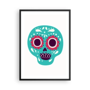 Poster in einem schwarzem Rahmen - Bunter mexikanischer Totenkopf zum Tag der Toten - 50x70cm - Das Leben – Spaß bis zum Tod - Moderne Wanddekoration für Wohnzimmer und Schlafzimmer ARTTOR
