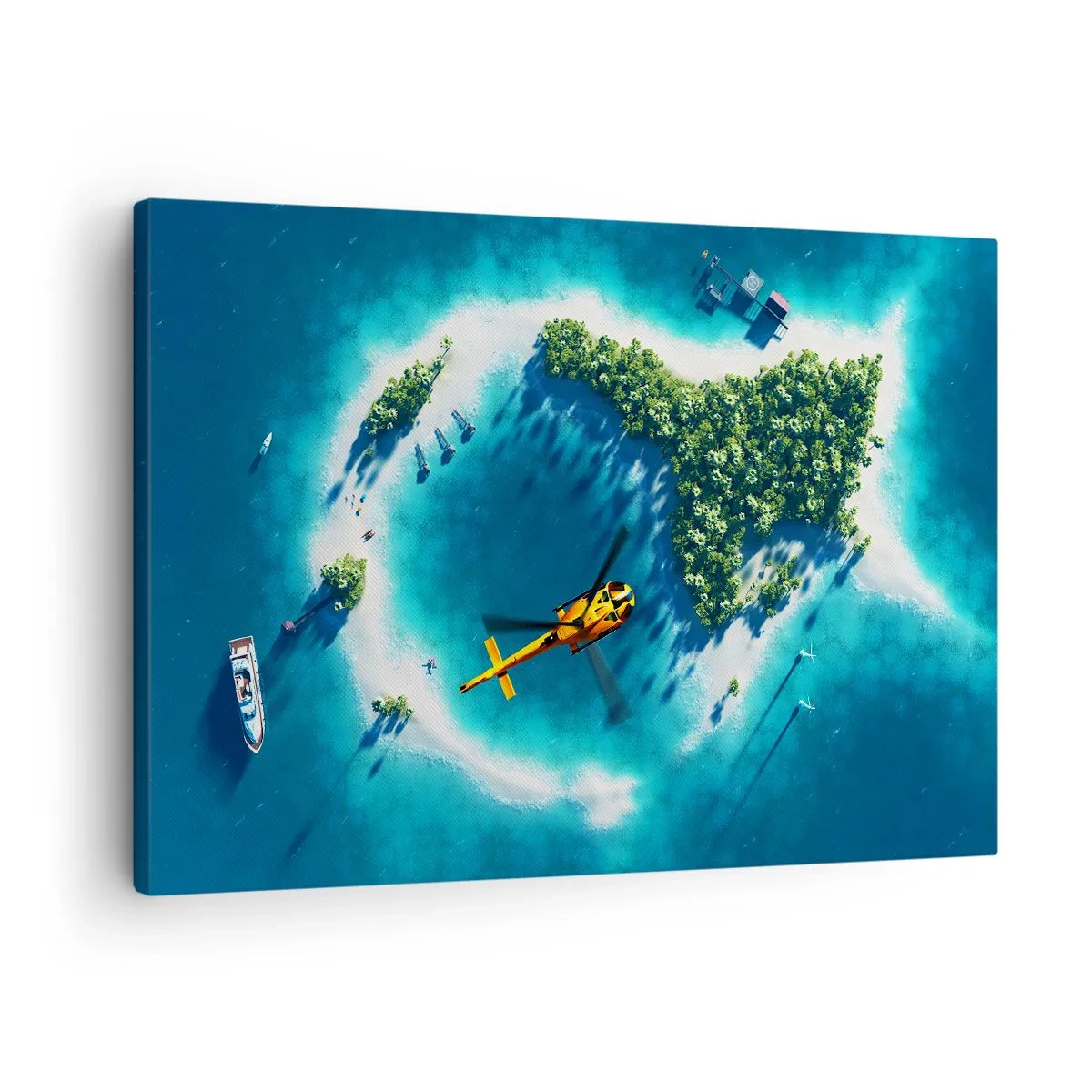 Bild auf Leinwand - Leinwandbild - Eine tropische Insel, umgeben von türkisfarbenem Wasser, mit einem Hubschrauber in Sicht - 70x50cm - Kauf dir eine Insel - Moderne Wanddekoration für Wohnzimmer und Schlafzimmer ARTTOR
