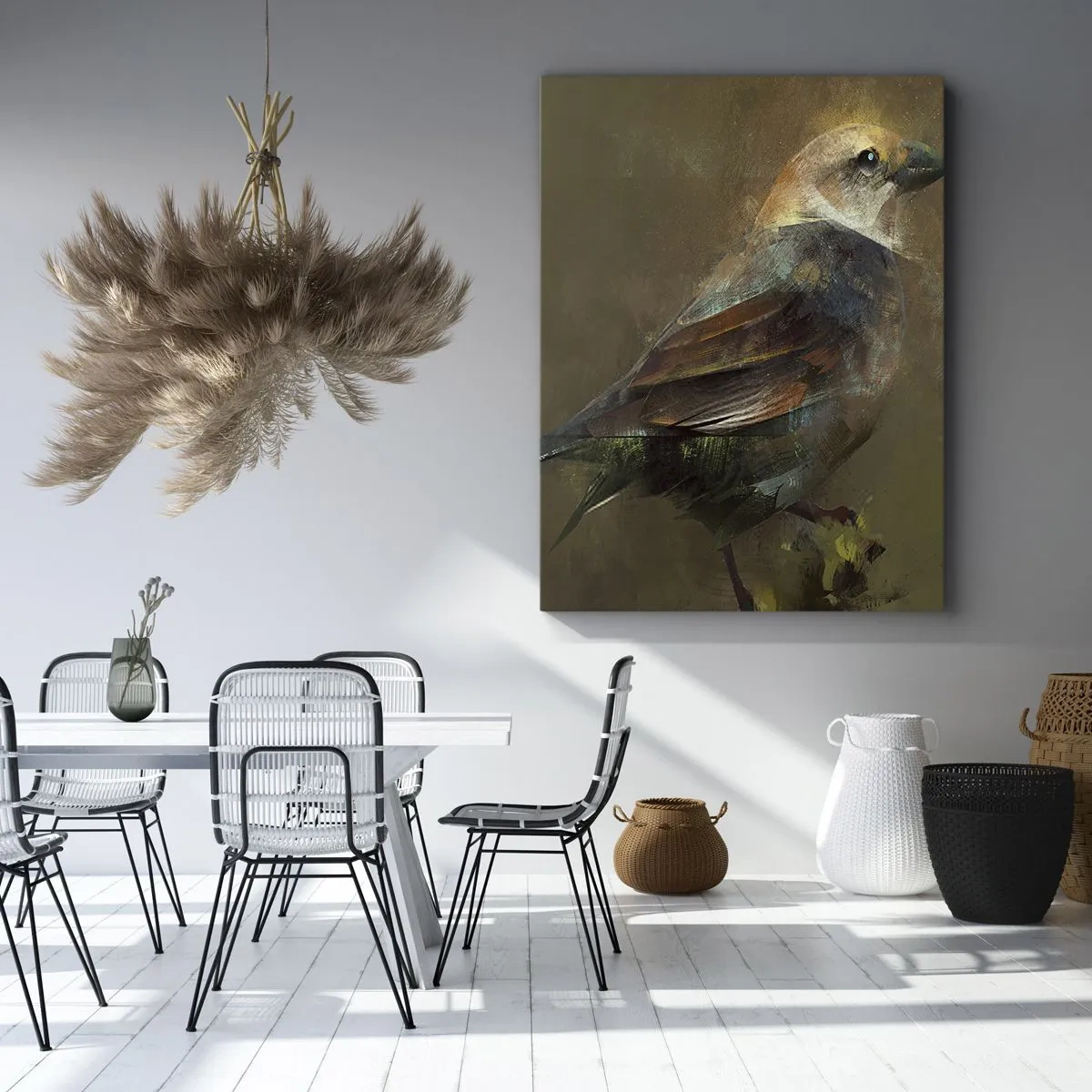 Bild auf Leinwand - Leinwandbild - Eine künstlerische Interpretation eines Spatzen auf braunem Hintergrund - 50x70cm - Ein Spatz, ein kleines Vögelchen - Moderne Wanddekoration für Wohnzimmer und Schlafzimmer ARTTOR