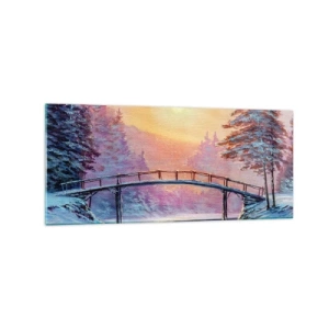 Glasbild - Bild auf glas - Winterlandschaft mit einer vom Sonnenuntergang beleuchteten Brücke - 120x50cm - Vier Jahreszeiten - Winter - Moderne Wanddekoration für Wohnzimmer und Schlafzimmer ARTTOR