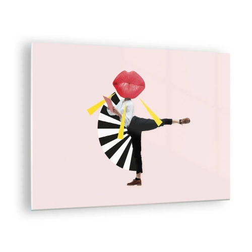 Glasbild - Bild auf glas - Eine surreale Pop-Art-Komposition mit einer Figur mit großem Mund vor einem rosa Hintergrund. - 70x50cm - Surreale Pop-Art - Moderne Wanddekoration für Wohnzimmer und Schlafzimmer ARTTOR