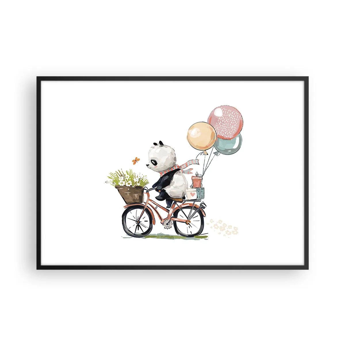 Poster in einem schwarzem Rahmen - Panda auf einem Fahrrad mit Luftballons und Blumen - 100x70cm - Glücklicher Tag - Moderne Wanddekoration für Wohnzimmer und Schlafzimmer ARTTOR