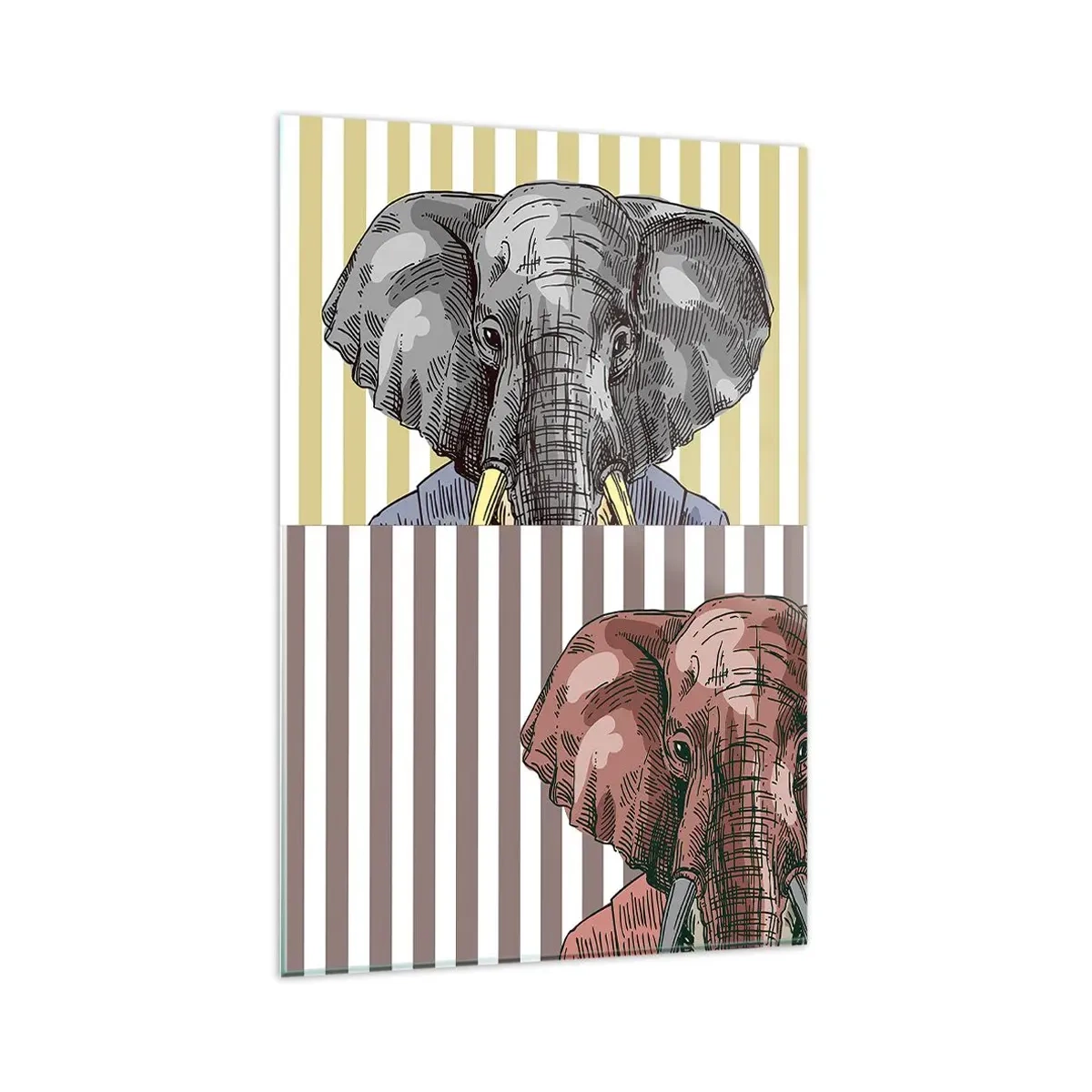 Glasbild - Bild auf glas - Ein Elefant im Anzug vor einem Hintergrund aus beigen Streifen - 80x120cm - Von Natur aus elegant - Moderne Wanddekoration für Wohnzimmer und Schlafzimmer ARTTOR