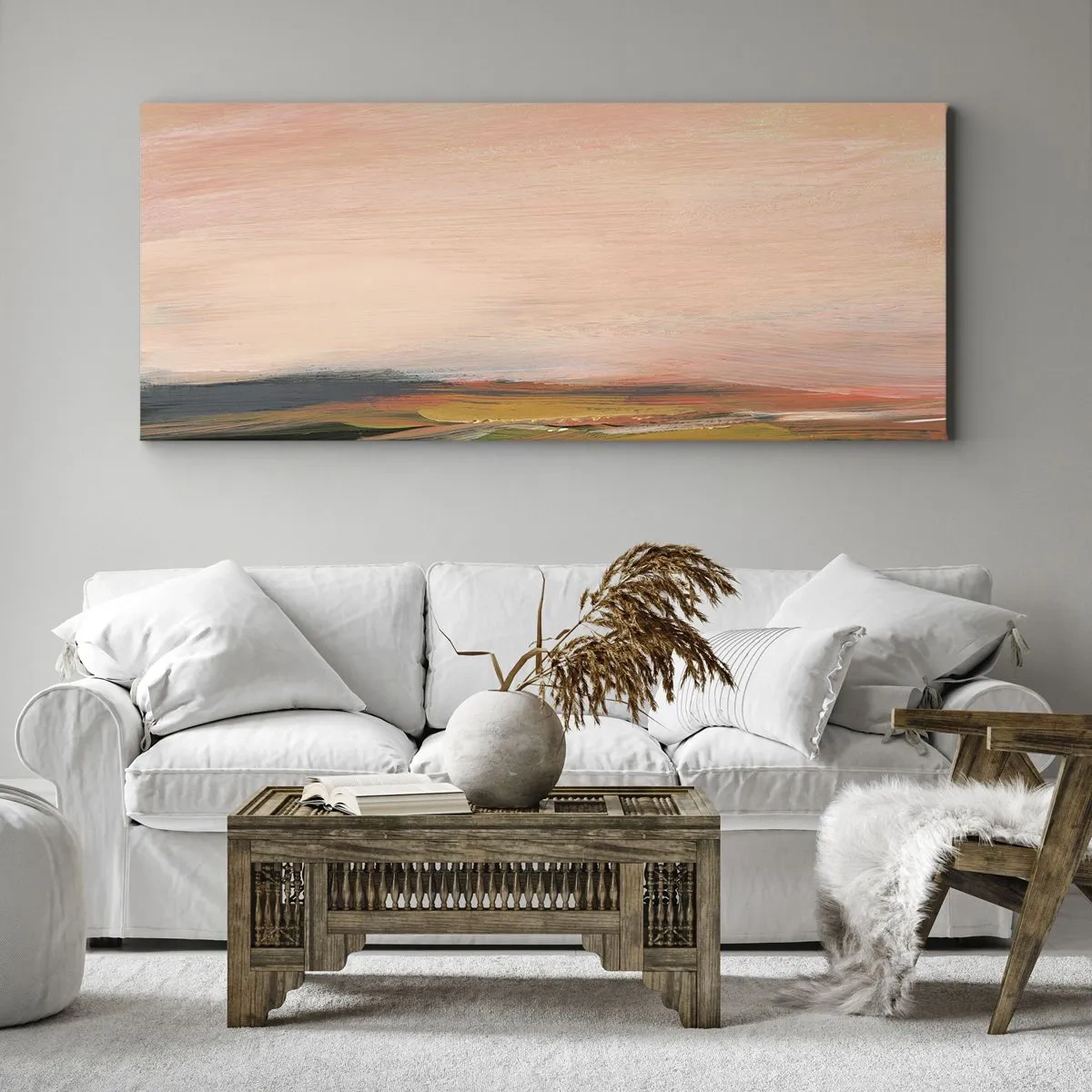 Bild auf Leinwand - Leinwandbild - Eine Landschaft in Rosa- und Goldtönen - 140x50cm - In Rosatönen - Moderne Wanddekoration für Wohnzimmer und Schlafzimmer ARTTOR