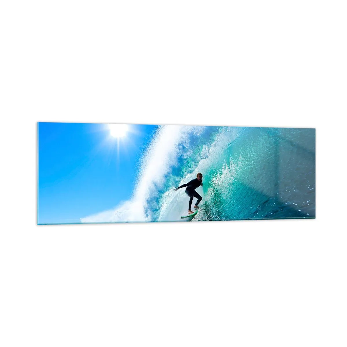 Glasbild - Bild auf glas - Ein Surfer auf einem Brett reitet unter blauem Himmel auf einer starken Welle. - 160x50cm - Durch das große Blau - Moderne Wanddekoration für Wohnzimmer und Schlafzimmer ARTTOR