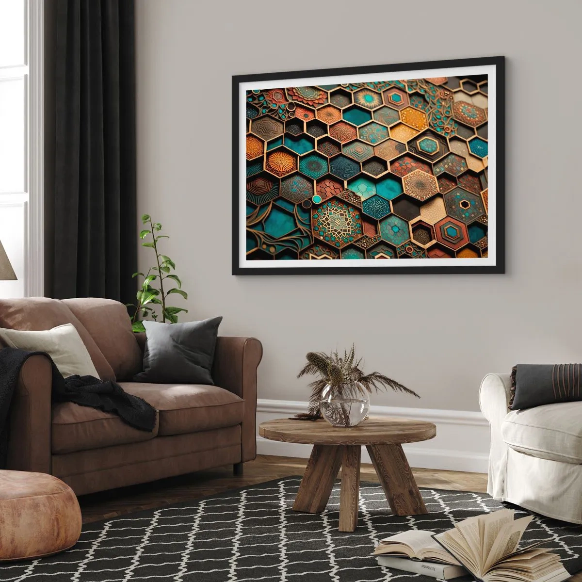 Poster in einem schwarzem Rahmen - Bunte Ornamente in sechseckigen Mustern - 70x50cm - Arabische Ornamente – Variation - Moderne Wanddekoration für Wohnzimmer und Schlafzimmer ARTTOR