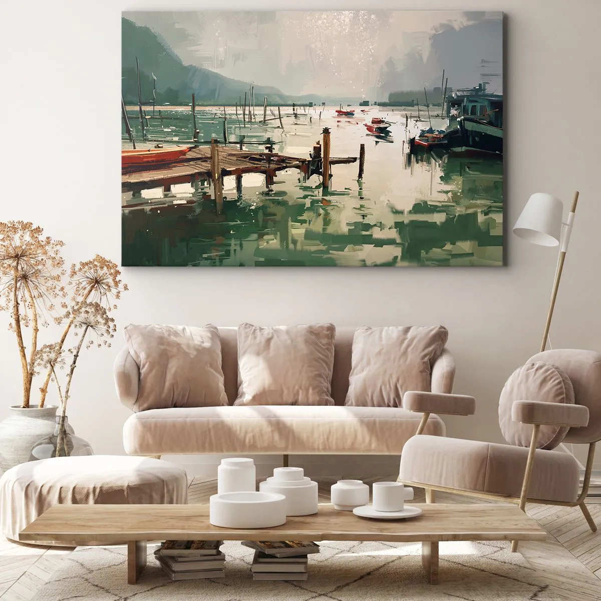 Bild auf Leinwand - Leinwandbild - Ein malerischer Hafen mit Booten auf ruhigem Wasser - 100x70cm - Durchnässt in einem geschmolzenen Mond - Moderne Wanddekoration für Wohnzimmer und Schlafzimmer ARTTOR