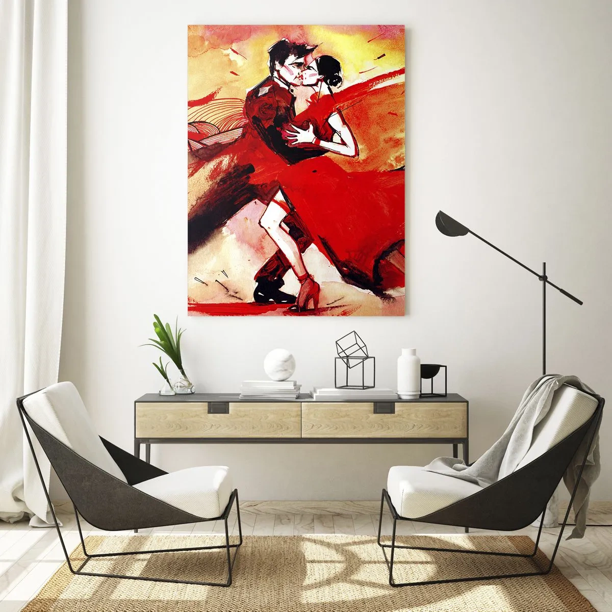 Glasbild - Bild auf glas - Ein Paar tanzt Tango in Rottönen vor einem dynamischen Hintergrund. - 80x120cm - Der violette Rhythmus der Leidenschaft - Moderne Wanddekoration für Wohnzimmer und Schlafzimmer ARTTOR