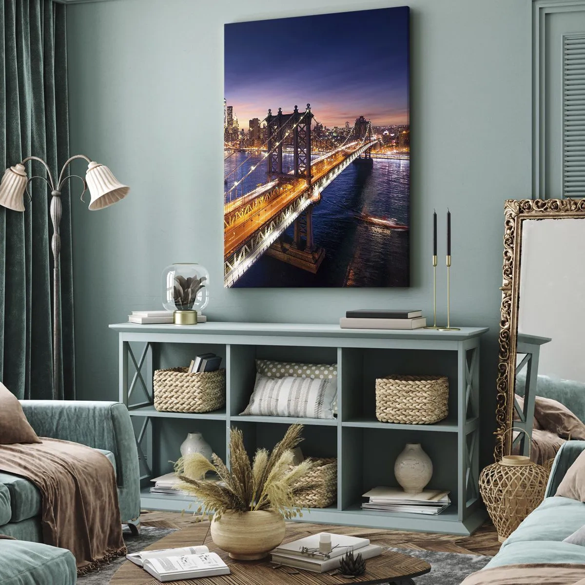 Bild auf Leinwand - Leinwandbild - Eine leuchtende Brücke zum Herzen der Stadt - 55x100 cm