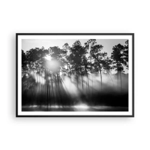 Poster in einem schwarzem Rahmen - Schwarz-weißer Wald im Morgennebel - 100x70cm - Unaufhaltsame Sonne - Moderne Wanddekoration für Wohnzimmer und Schlafzimmer ARTTOR