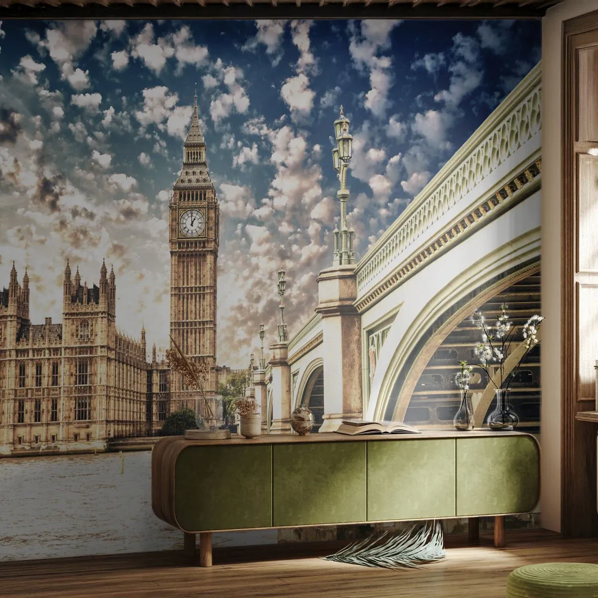 Fototapete Premium Sand - Federwolken über der Themse - Stadt, London, England - 400x280 cm