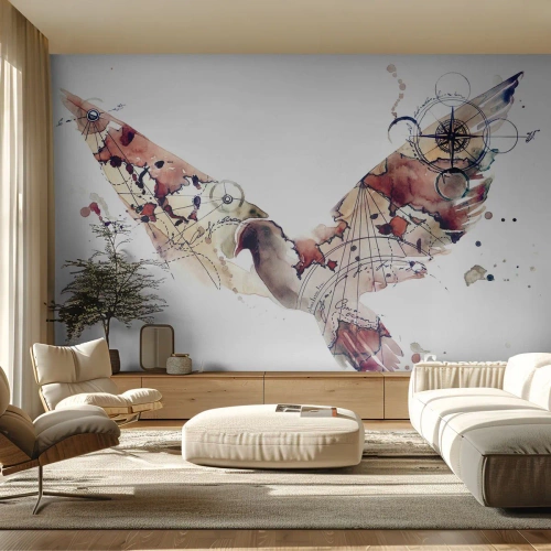 Fototapete Premium Sand - Künstlerische Zeichnung eines fliegenden Adlers im Kartenstil auf weißem Hintergrund - 100x70cm - Ein Overhead-Wanderer - Moderne Wanddekoration für Wohnzimmer und Schlafzimmer ARTTOR