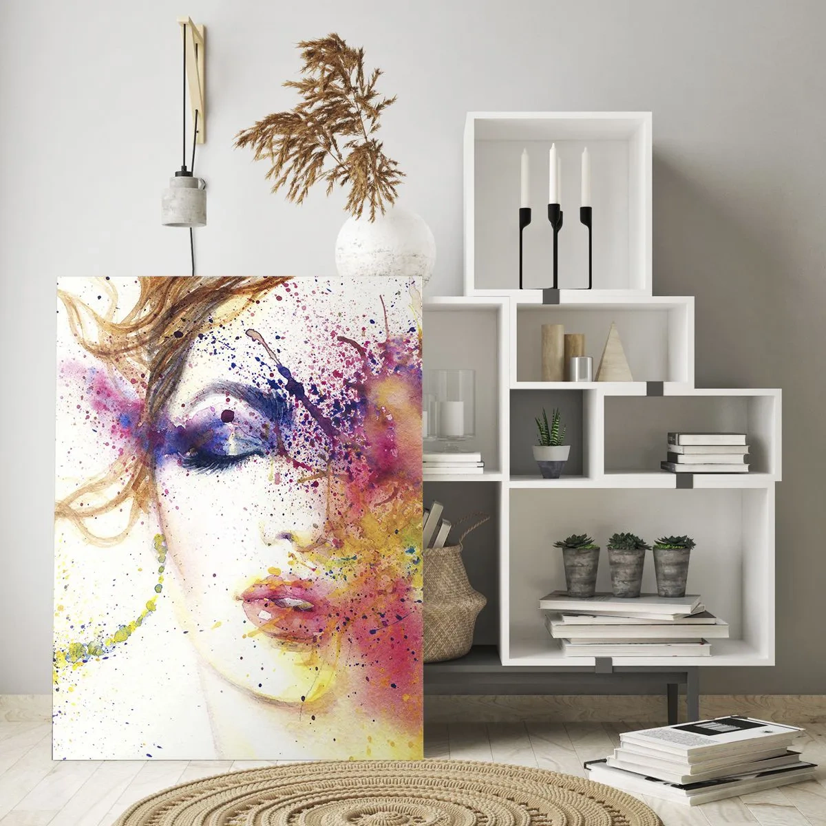 Glasbild - Bild auf glas - Ein künstlerisches Frauenportrait in ausdrucksstarken Aquarellfarben. - 70x100cm - Regenbogenschwindel - Moderne Wanddekoration für Wohnzimmer und Schlafzimmer ARTTOR