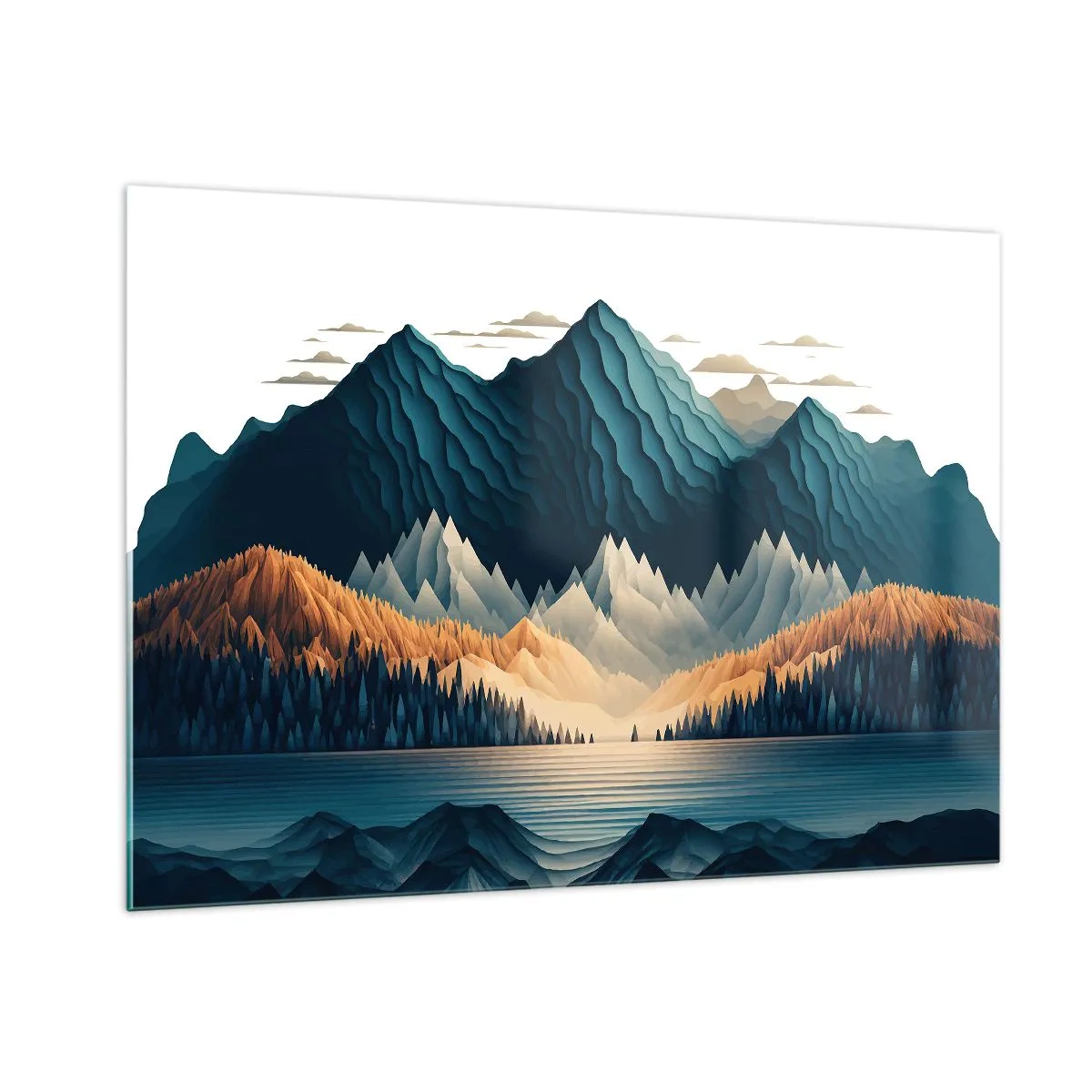 Glasbild - Bild auf glas - Stilisierte Berglandschaft mit Wald und See - 100x70cm - Perfekte Berglandschaft - Moderne Wanddekoration für Wohnzimmer und Schlafzimmer ARTTOR