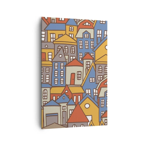 Bild auf Leinwand - Leinwandbild - Bunte Häuser im grafischen Stil auf hellem Hintergrund - 80x120cm - Hinter dem Haus ist das Haus - Moderne Wanddekoration für Wohnzimmer und Schlafzimmer ARTTOR