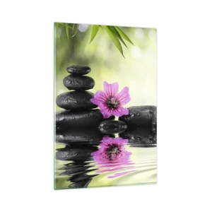Glasbild - Bild auf glas - Zen-Steine und eine rosa Blume spiegeln sich im Wasser - 80x120cm - Zeit für die Seele - Moderne Wanddekoration für Wohnzimmer und Schlafzimmer ARTTOR