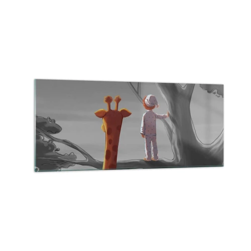 Glasbild - Bild auf glas - Ein Kind und eine Giraffe auf einem Ast in einer Märchenlandschaft - 120x50cm - Das passiert wirklich - Moderne Wanddekoration für Wohnzimmer und Schlafzimmer ARTTOR