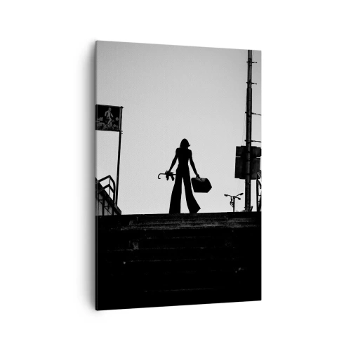Bild auf Leinwand - Leinwandbild - Eine Frauenfigur auf der Treppe in Schwarzweiß mit dynamischer Atmosphäre - 70x100cm - Städtisches Wandern - Moderne Wanddekoration für Wohnzimmer und Schlafzimmer ARTTOR
