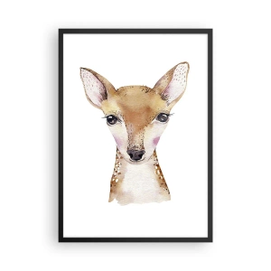 Poster in einem schwarzem Rahmen - Aquarellporträt eines jungen Rehkitzes auf weißem Hintergrund - 50x70cm - Die Natur der Unschuld - Moderne Wanddekoration für Wohnzimmer und Schlafzimmer ARTTOR