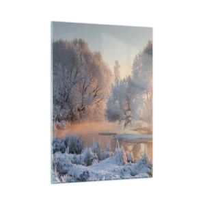 Glasbild - Bild auf glas - Winterlandschaft mit zugefrorenem See und Morgennebel - 50x70cm - Alles im Kristall glänzt in der Sonne - Moderne Wanddekoration für Wohnzimmer und Schlafzimmer ARTTOR