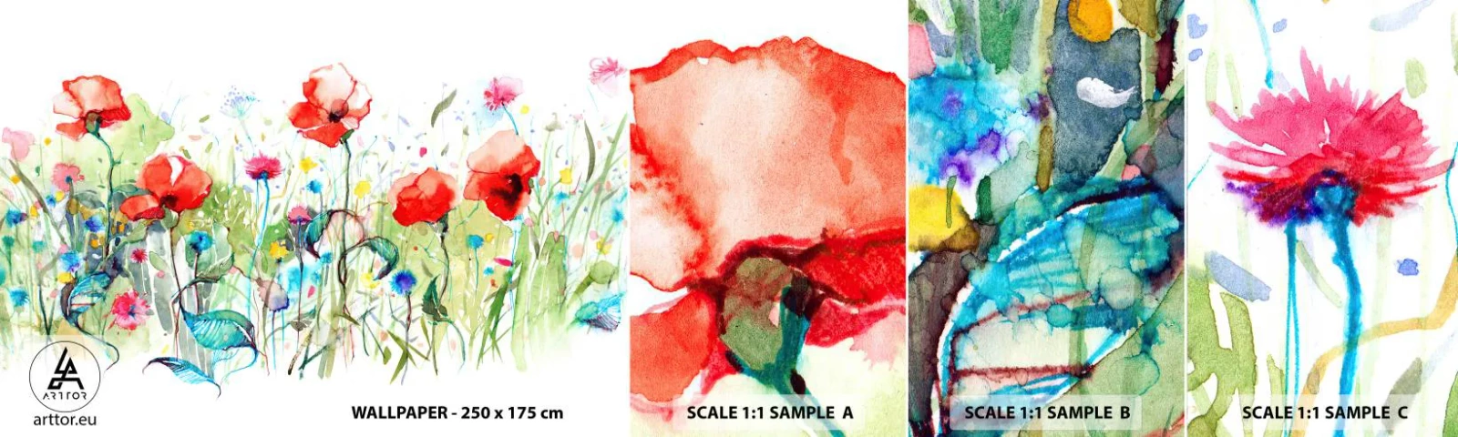 Fototapetenmuster Standard Eco - Blühende Maiwiese - Blumen, Mohnblumen, Garten - 100x30 cm