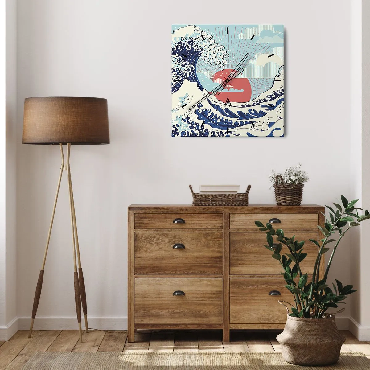 Wanduhr - Glasuhr - Meereswellen und ein Sonnenuntergang im japanischen Stil - 30x30cm - Von japanischer Inspiration - Moderne Wanddekoration für Wohnzimmer und Schlafzimmer ARTTOR