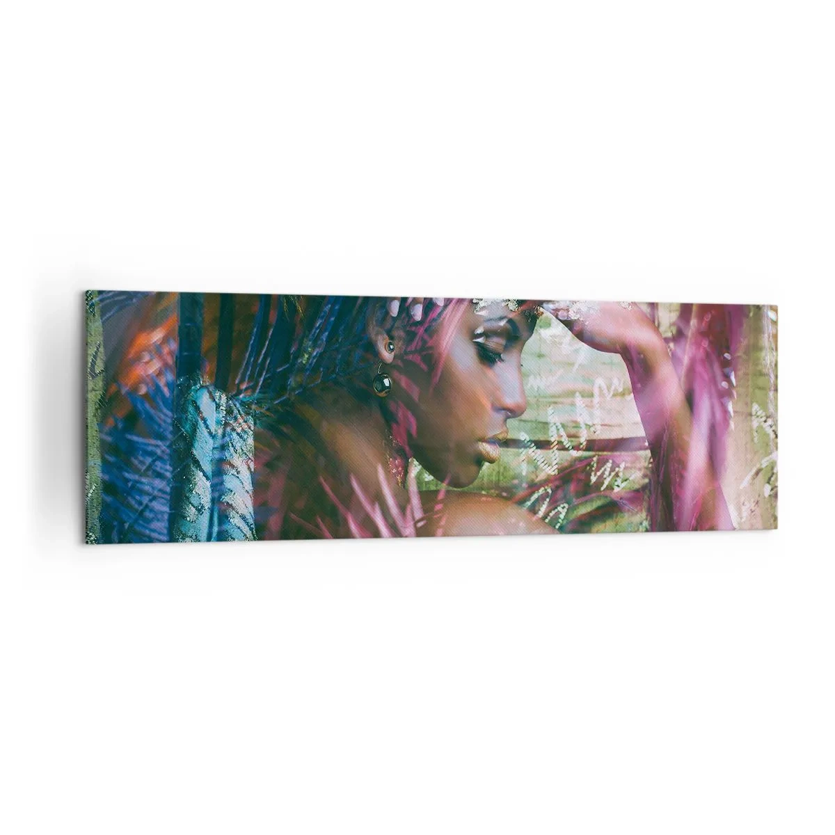 Bild auf Leinwand - Leinwandbild - Porträt einer Frau, umgeben von exotischer Vegetation - 160x50cm - Mutter Natur im Dschungel - Moderne Wanddekoration für Wohnzimmer und Schlafzimmer ARTTOR