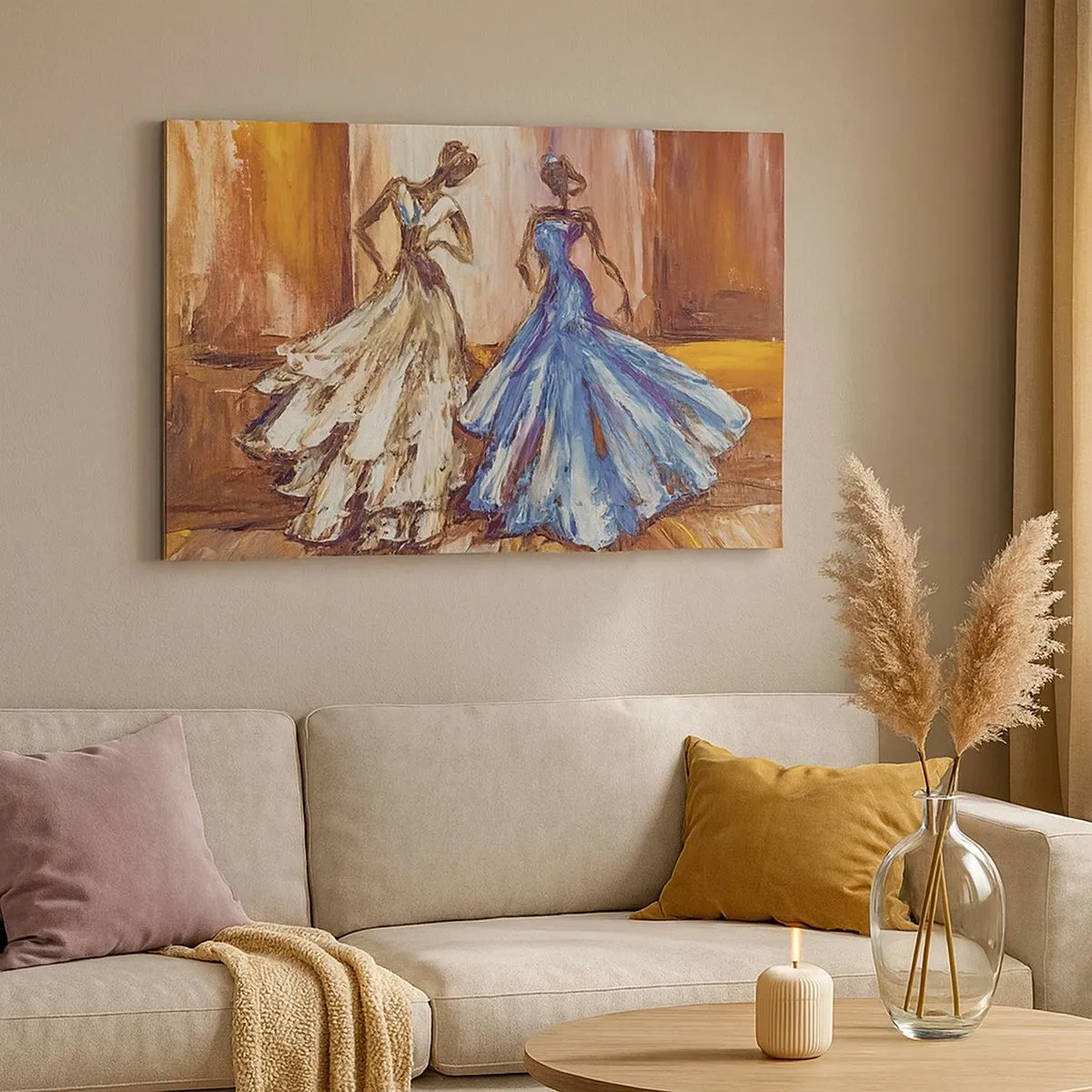 Bild auf Leinwand - Leinwandbild - Figuren in Abendkleidern im künstlerischen Stil - 70x50cm - Ein dankbares Duo - Moderne Wanddekoration für Wohnzimmer und Schlafzimmer ARTTOR