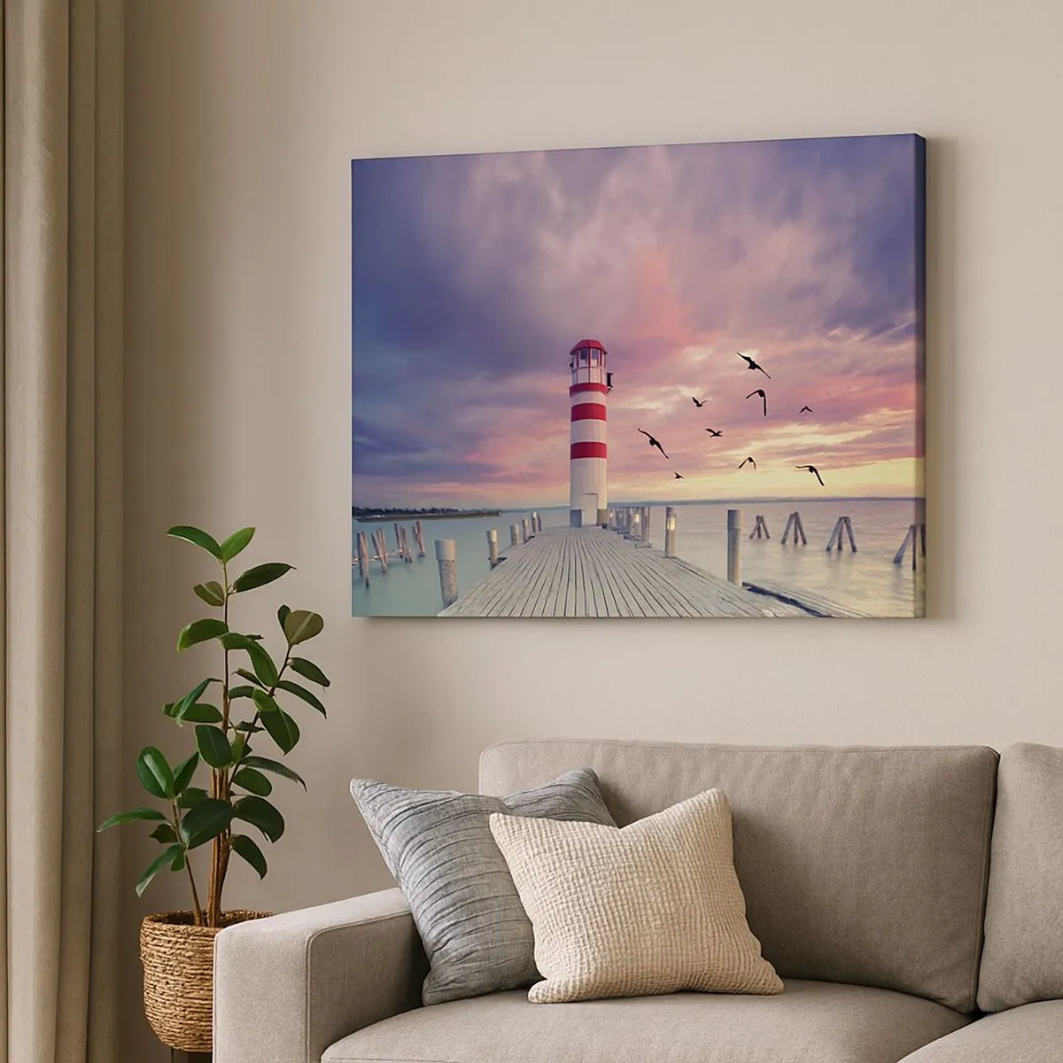 Bild auf Leinwand - Leinwandbild - Ein Leuchtturm auf dem Pier, umgeben von einem malerischen Sonnenuntergang - 70x50cm - Es ist Zeit zum Hafen zu gehen - Moderne Wanddekoration für Wohnzimmer und Schlafzimmer ARTTOR