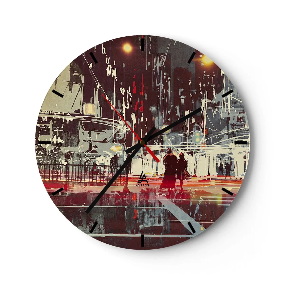 Wanduhr - Glasuhr - Ein Paar in der Nacht mit einer hell erleuchteten Stadt im Hintergrund - 30x30cm - Eine große Stadtüberquerung - Moderne Wanddekoration für Wohnzimmer, Küche und Schlafzimmer ARTTOR
