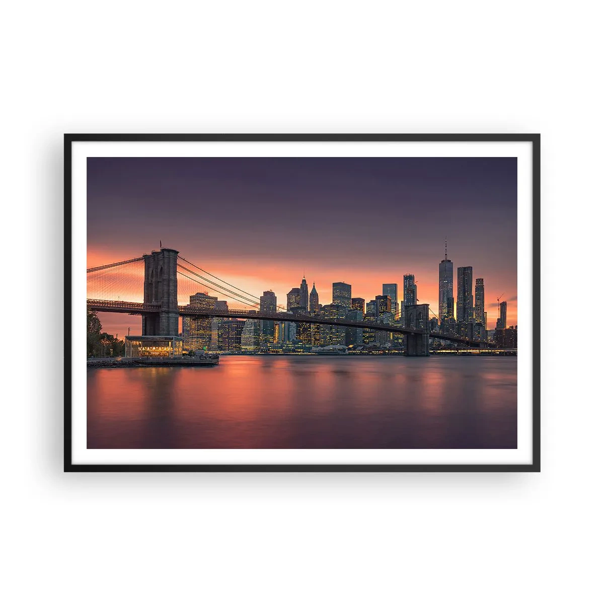 Poster in einem schwarzem Rahmen - Nachtpanorama der Stadt mit einer Brücke und einem beleuchteten Himmel - 100x70cm - Eingetaucht in lila Stille - Moderne Wanddekoration für Wohnzimmer und Schlafzimmer ARTTOR