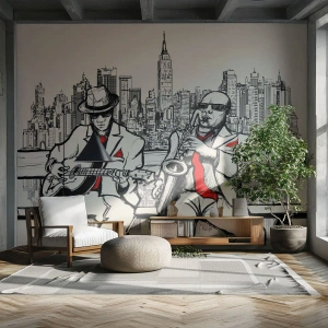 Fototapete Premium Sand - Zeichnungen von Jazzmusikern vor dem Hintergrund einer Stadtlandschaft - 100x70cm - New Yorker Improvisation - Moderne Wanddekoration für Wohnzimmer und Schlafzimmer ARTTOR