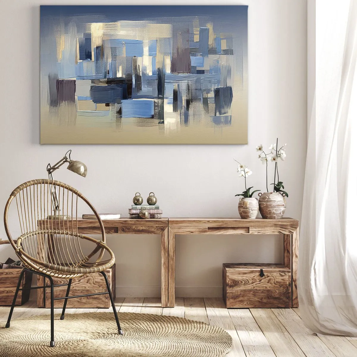 Bild auf Leinwand - Leinwandbild - Geometrische Formen in Blau- und Beigetönen - 70x50cm - Blaue Konstruktion - Moderne Wanddekoration für Wohnzimmer und Schlafzimmer ARTTOR
