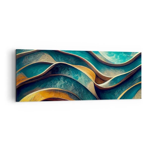 Bild auf Leinwand - Leinwandbild - Abstrakte Wellen in Türkis- und Goldtönen - 140x50cm - Blaue Mäander - Moderne Wanddekoration für Wohnzimmer und Schlafzimmer ARTTOR