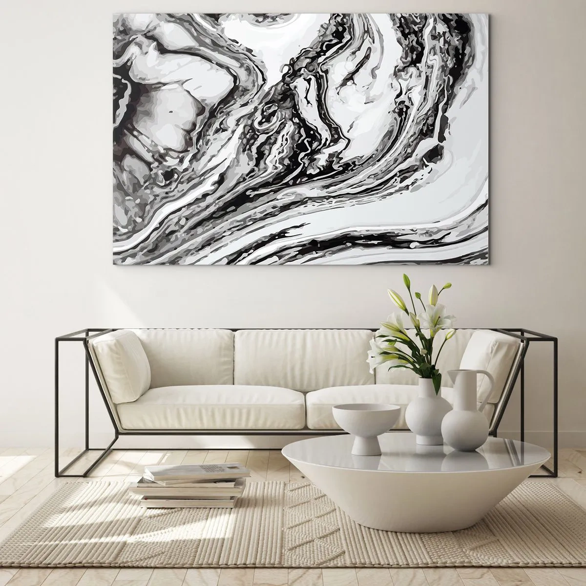 Glasbild - Bild auf glas - Ein abstraktes Muster in Schwarz- und Weißtönen, das Wellen ähnelt. - 70x50cm - Am Anfang war Chaos - Moderne Wanddekoration für Wohnzimmer und Schlafzimmer ARTTOR