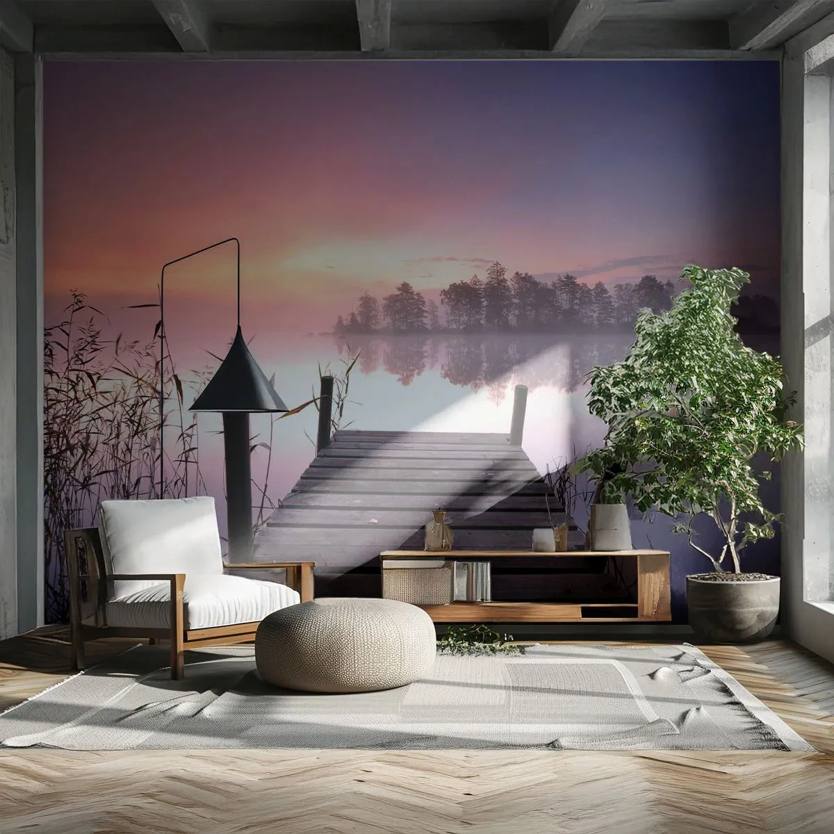 Selbstklebende Fototapete Deluxe Sticker - Aus dem lila Nebel ... - Landschaft, Sonnenaufgang, See - 500x350 cm