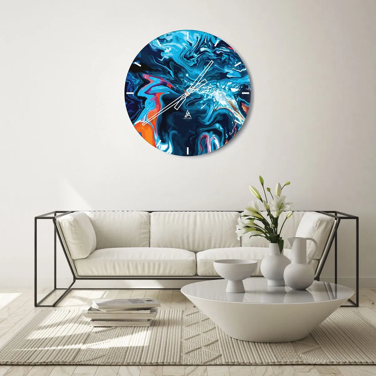 Wanduhr - Glasuhr - Ein dynamisches abstraktes Motiv in Blautönen - 30x30cm - Reise ins Zentrum des Himmels - Moderne Wanddekoration für Wohnzimmer, Küche und Schlafzimmer ARTTOR