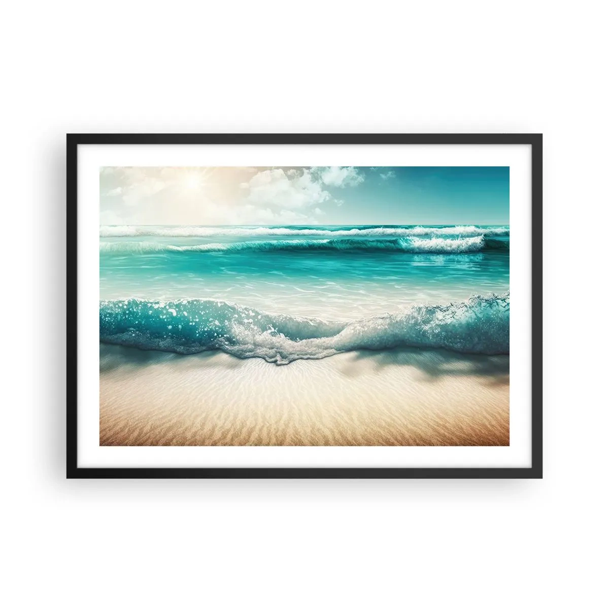 Poster in einem schwarzem Rahmen - Meereswellen an einem hellen Sandstrand - 70x50cm - Frieden des Ozeans - Moderne Wanddekoration für Wohnzimmer und Schlafzimmer ARTTOR