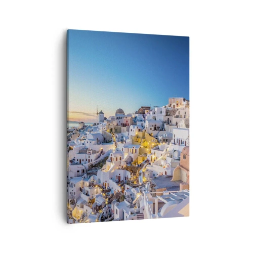 Bild auf Leinwand - Leinwandbild - Blick auf eine griechische Stadt bei Sonnenuntergang - 50x70cm - Die Essenz des Griechischen - Moderne Wanddekoration für Wohnzimmer und Schlafzimmer ARTTOR