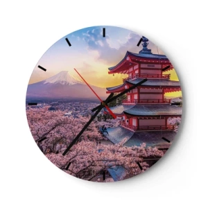 Wanduhr - Glasuhr - Eine Pagode inmitten von Kirschblüten mit dem Berg Fuji im Hintergrund - 30x30cm - Die Essenz des japanischen Geistes - Moderne Wanddekoration für Wohnzimmer, Küche und Schlafzimmer ARTTOR
