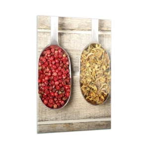 Glasbild - Bild auf glas - Drei Löffel mit Gewürzen auf rustikalem Holzhintergrund - 50x70cm - Küchenzauber - Moderne Wanddekoration für Wohnzimmer und Schlafzimmer ARTTOR