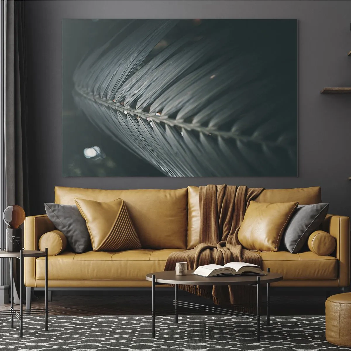 Glasbild - Bild auf glas - Nahaufnahme eines dunkelgrünen Palmblattes mit Lichtreflexion - 100x70cm - Die Präzision der Natur - Moderne Wanddekoration für Wohnzimmer und Schlafzimmer ARTTOR