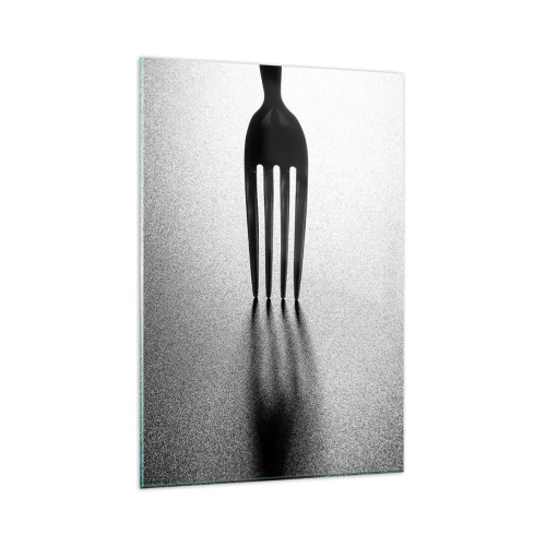 Glasbild - Bild auf glas - Eine minimalistische Interpretation einer Gabel in Schwarzweiß mit Schattenspiel. - 80x120cm - Licht und Schatten - Moderne Wanddekoration für Wohnzimmer und Schlafzimmer ARTTOR