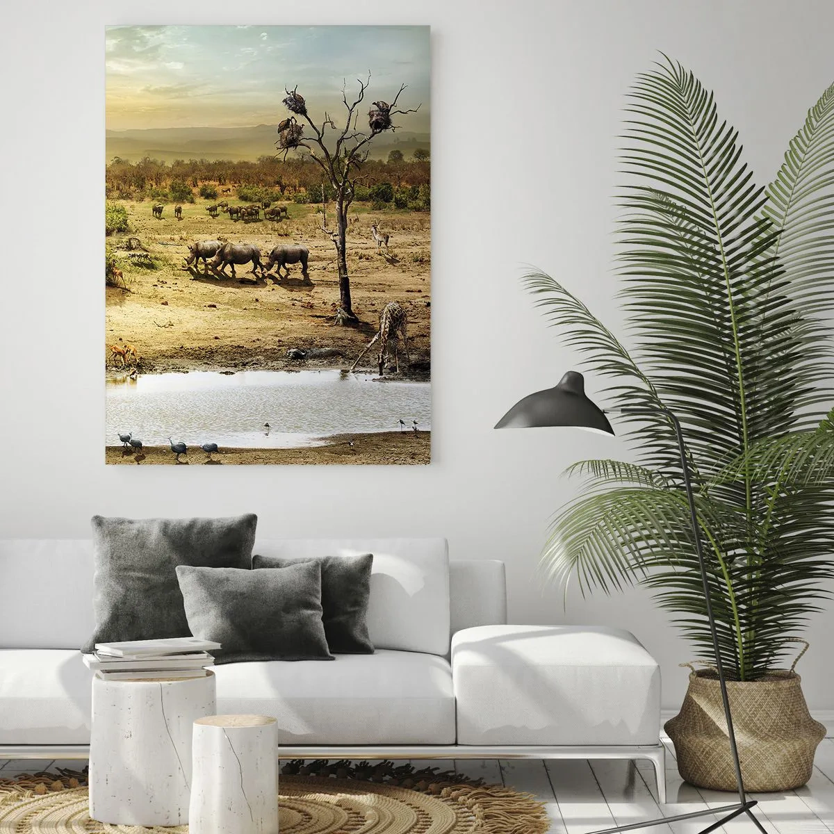 Glasbild - Bild auf glas - Elefanten und Tiere an einer Wasserstelle vor dem Hintergrund einer afrikanischen Landschaft - 50x70cm - Ein Fluss floss aus Eden ... - Moderne Wanddekoration für Wohnzimmer und Schlafzimmer ARTTOR